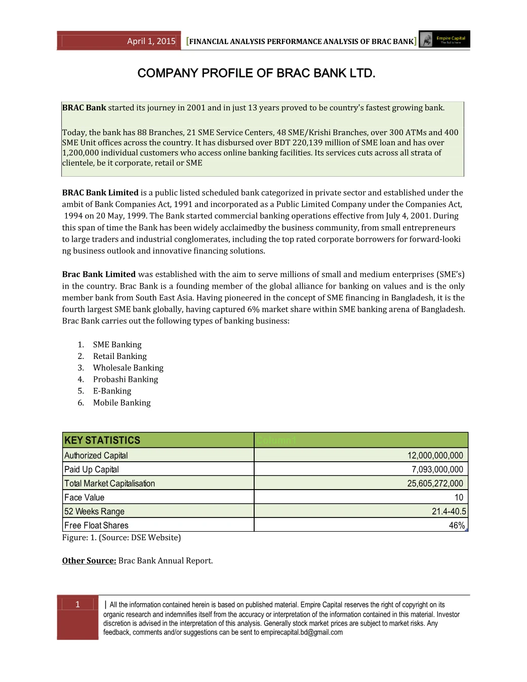 Company profile and key statistics, page 1 of the BRAC Bank 2014 Performance Analysis report. Select the PDF download for selectable text and source links.