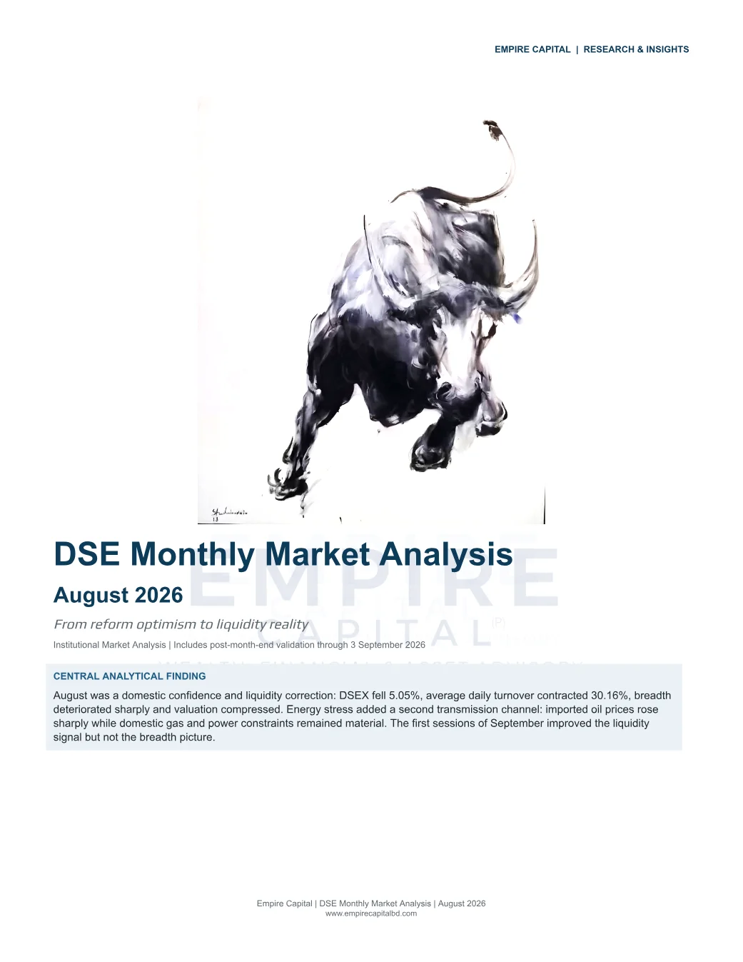 Cover and central analytical finding, page 1 of the August 2026 DSE report. Select the PDF download for selectable text and source links.