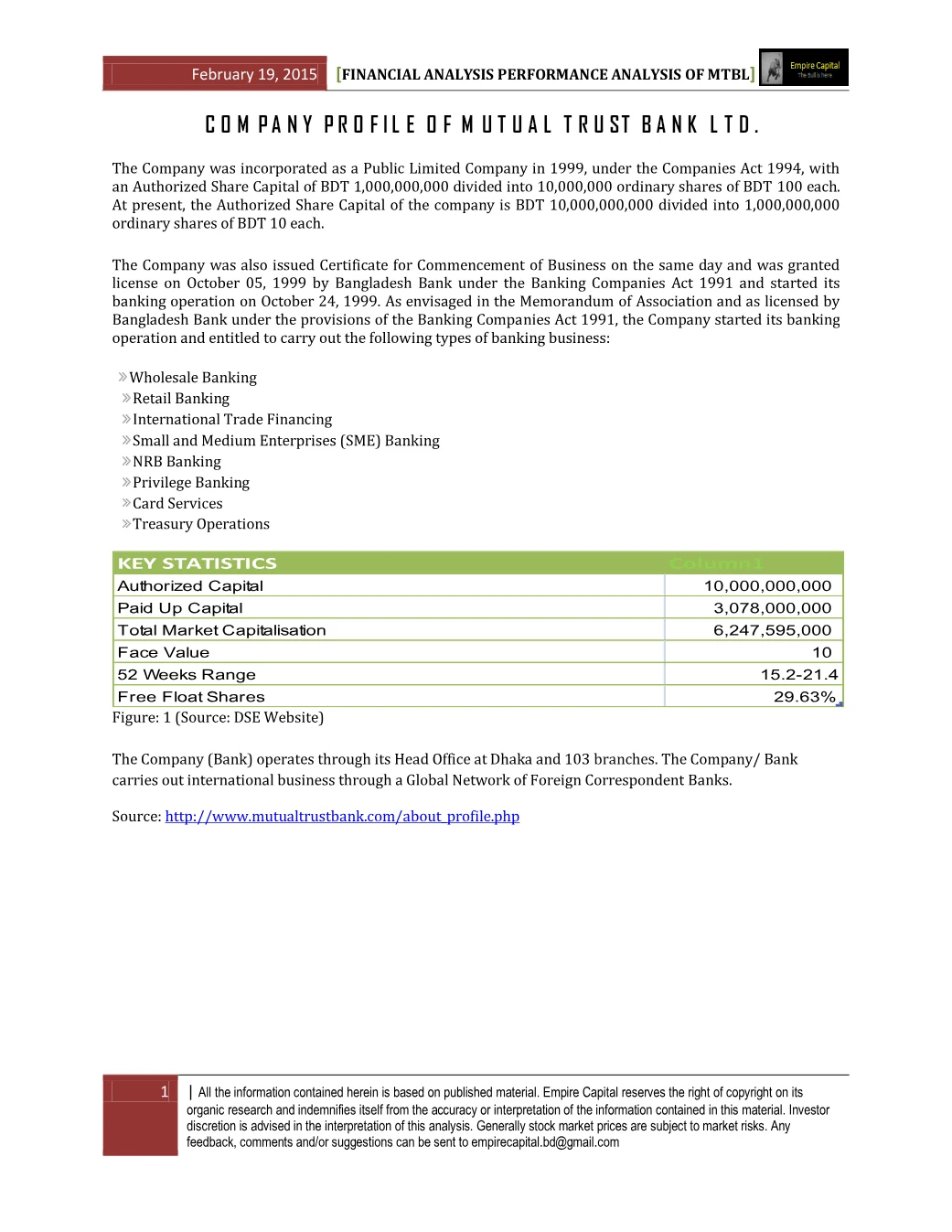 Company profile and key statistics, page 1 of the Mutual Trust Bank 2014 Performance Analysis report. Select the PDF download for selectable text and source links.