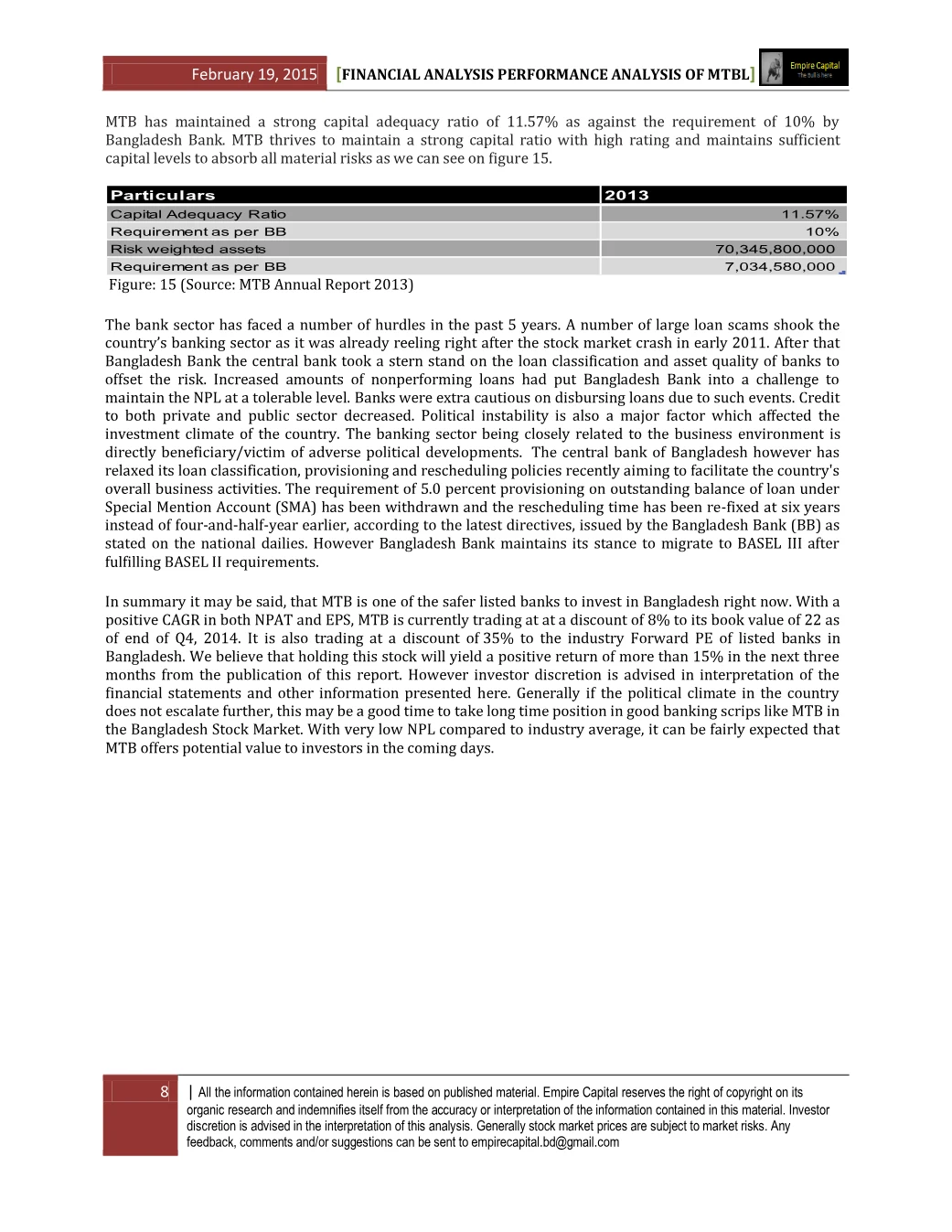 Capital adequacy, sector context and summary, page 8 of the Mutual Trust Bank 2014 Performance Analysis report. Select the PDF download for selectable text and source links.