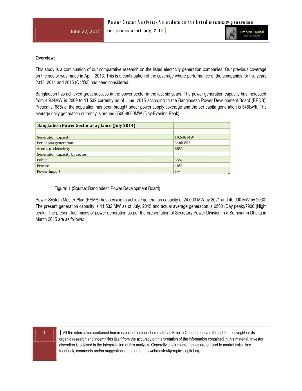 Overview and the Bangladesh power sector at a glance, page 1 of the Power Sector Analysis 2015 report. Select the PDF download for selectable text and source links.