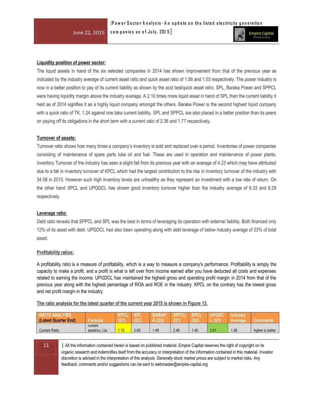 Liquidity, turnover, leverage and profitability, 2014, page 11 of the Power Sector Analysis 2015 report. Select the PDF download for selectable text and source links.