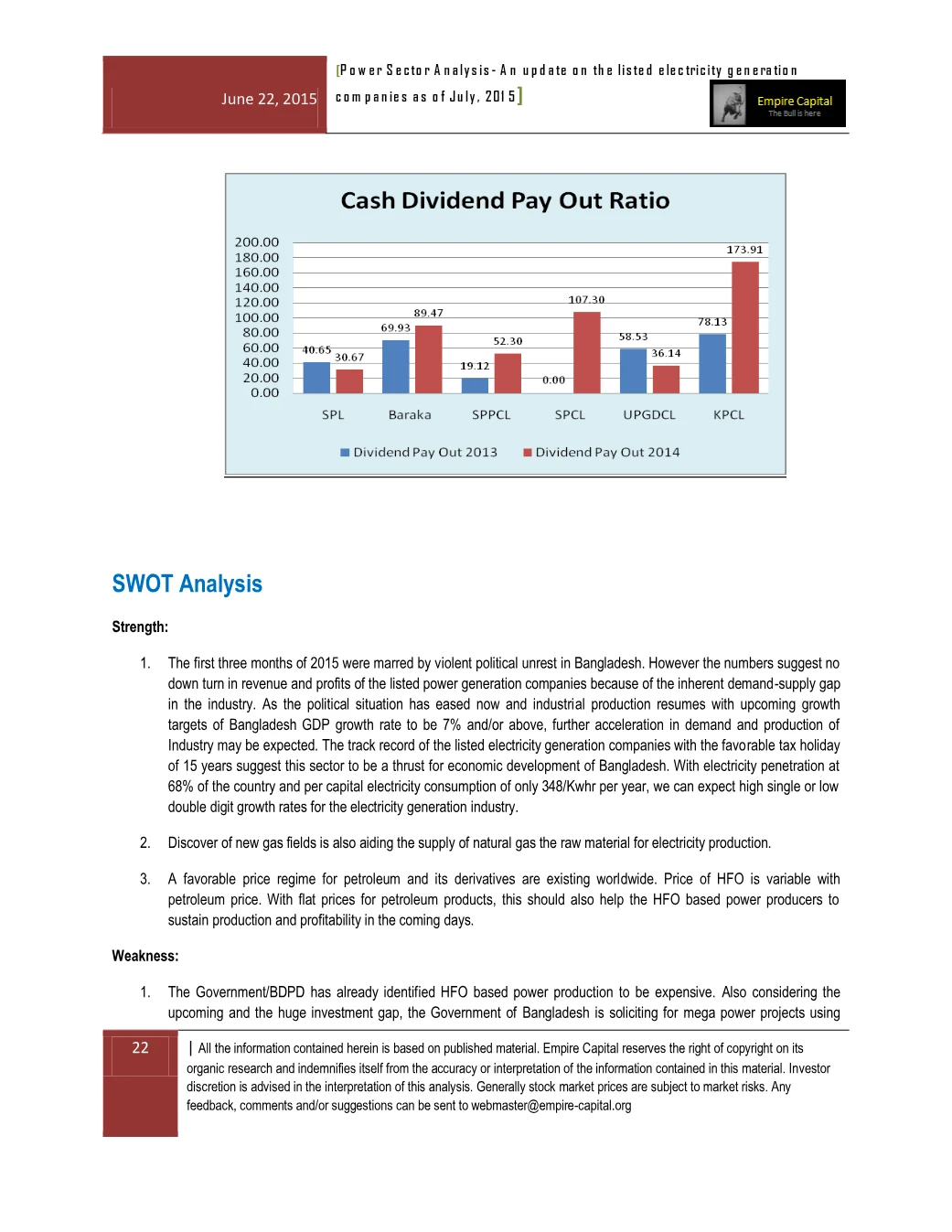 Cash dividend payout and SWOT — strengths, page 22 of the Power Sector Analysis 2015 report. Select the PDF download for selectable text and source links.