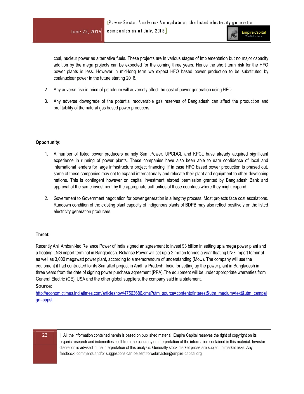 Weaknesses, opportunities and threats, page 23 of the Power Sector Analysis 2015 report. Select the PDF download for selectable text and source links.