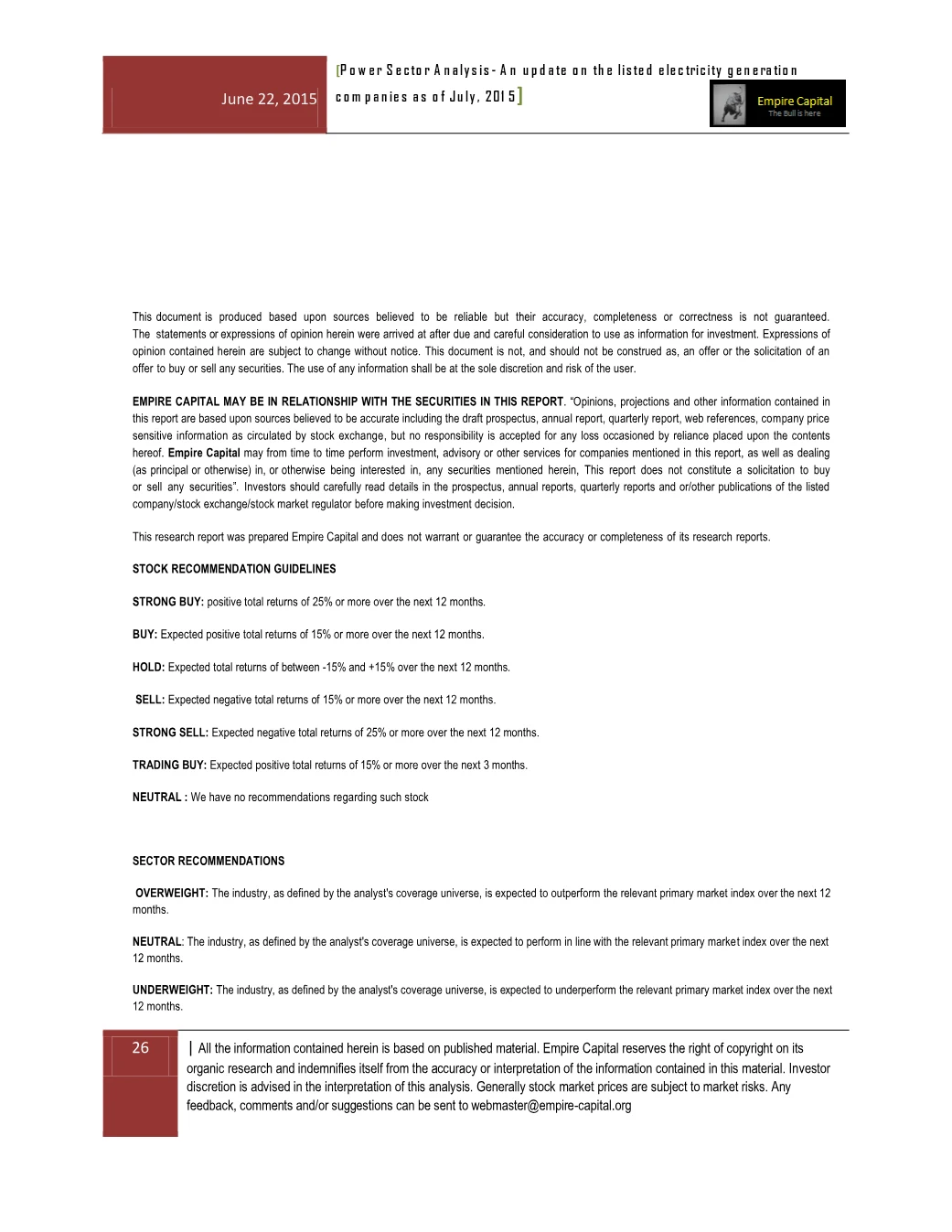 Recommendation guidelines and disclaimer, page 26 of the Power Sector Analysis 2015 report. Select the PDF download for selectable text and source links.