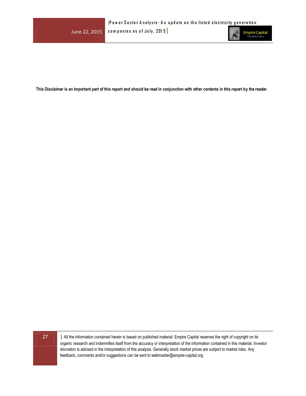 Disclaimer note, page 27 of the Power Sector Analysis 2015 report. Select the PDF download for selectable text and source links.