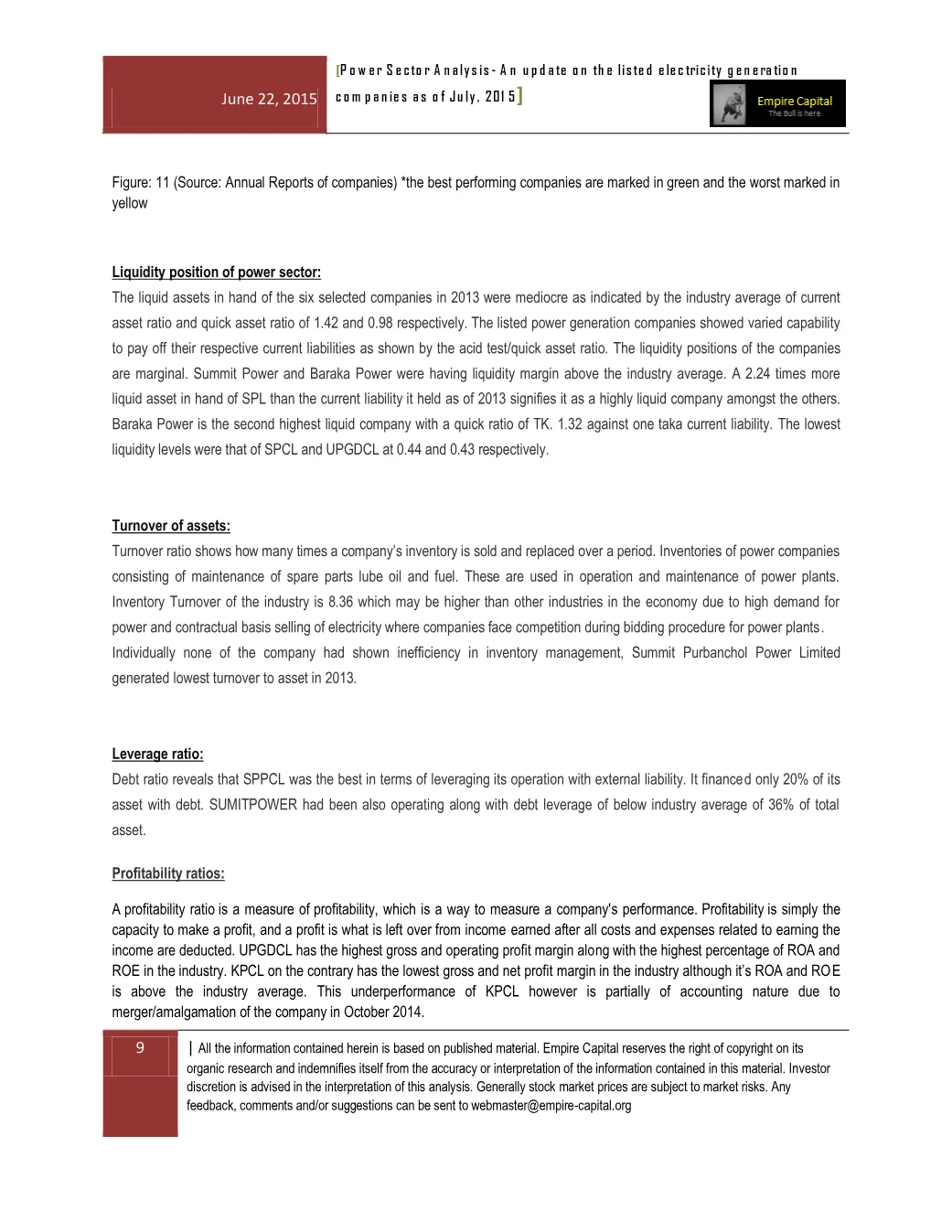 Liquidity, turnover, leverage and profitability, 2013, page 9 of the Power Sector Analysis 2015 report. Select the PDF download for selectable text and source links.