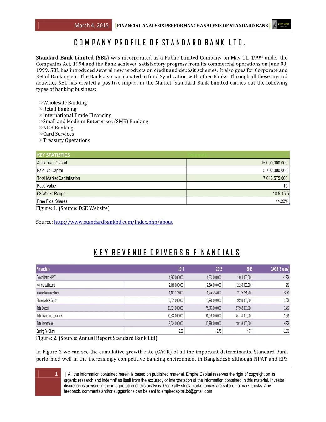 Company profile, key statistics and financials, page 1 of the Standard Bank 2014 Performance Analysis report. Select the PDF download for selectable text and source links.