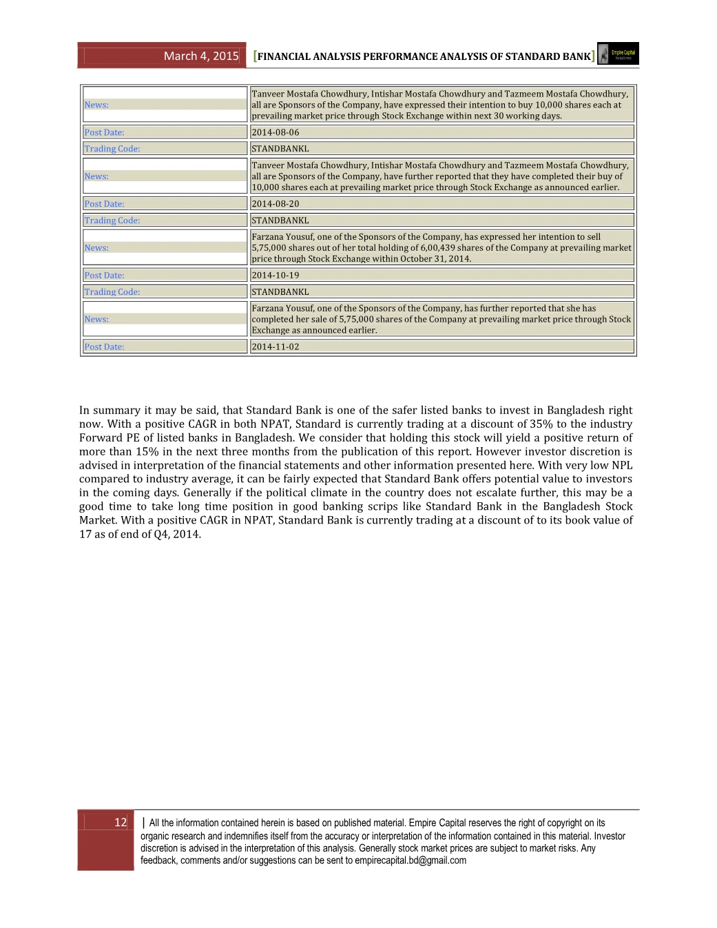 Price-sensitive information and summary, page 12 of the Standard Bank 2014 Performance Analysis report. Select the PDF download for selectable text and source links.