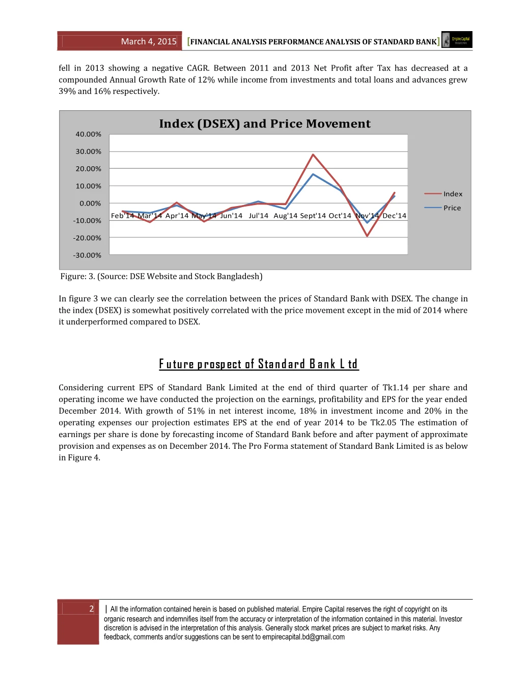 Index and price movement, future prospects, page 2 of the Standard Bank 2014 Performance Analysis report. Select the PDF download for selectable text and source links.