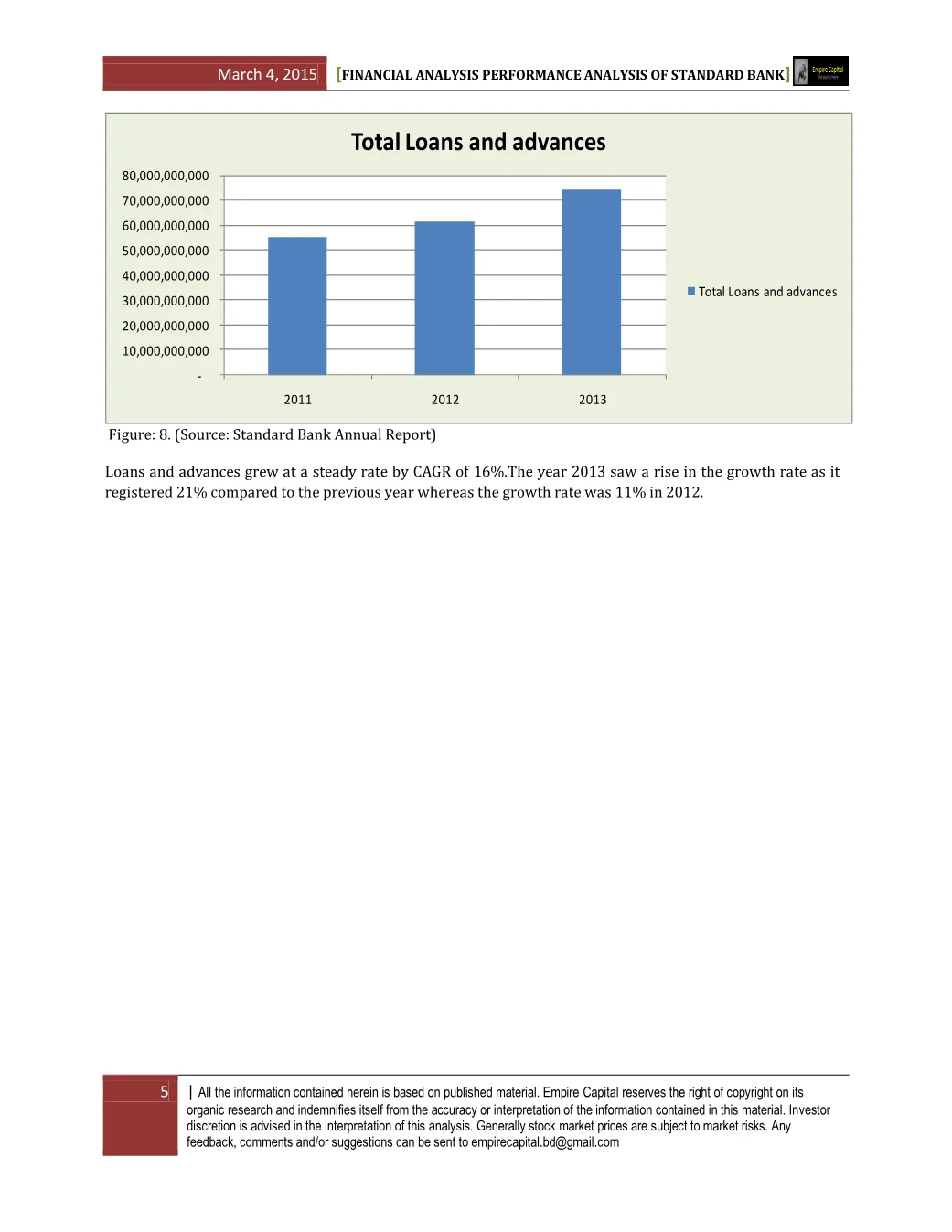 Total loans and advances, page 5 of the Standard Bank 2014 Performance Analysis report. Select the PDF download for selectable text and source links.