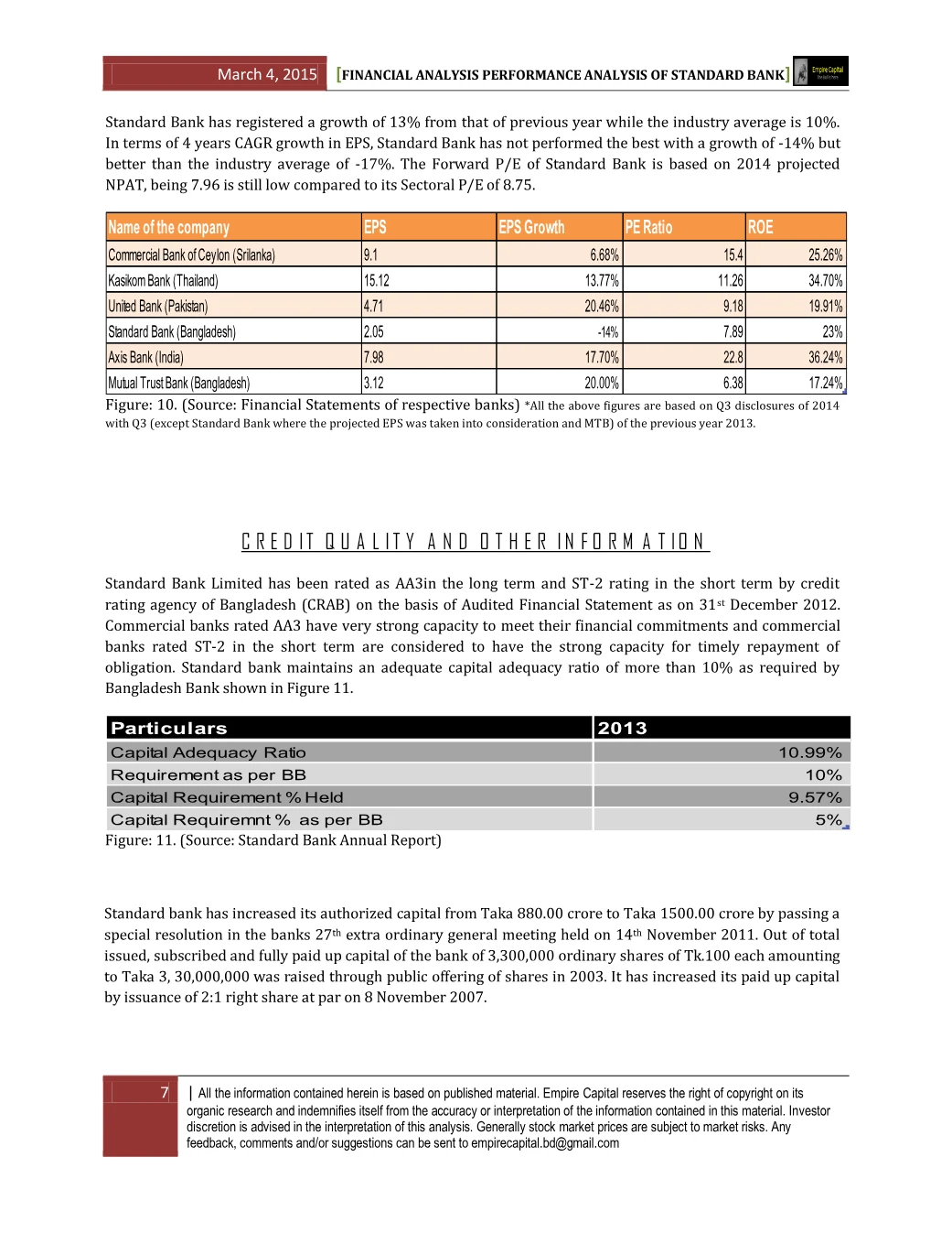 Regional peer comparison and credit quality, page 7 of the Standard Bank 2014 Performance Analysis report. Select the PDF download for selectable text and source links.