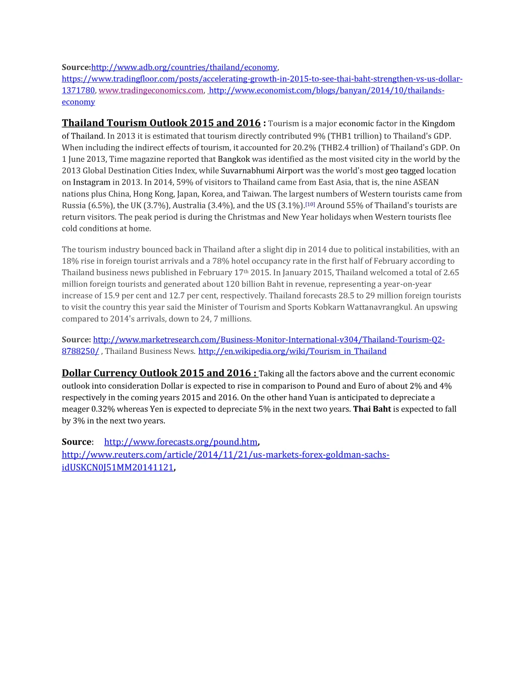 Thailand tourism and dollar currency outlook, page 2 of the Thailand and the Global Economy, 2015-16 Outlook report. Select the PDF download for selectable text and source links.